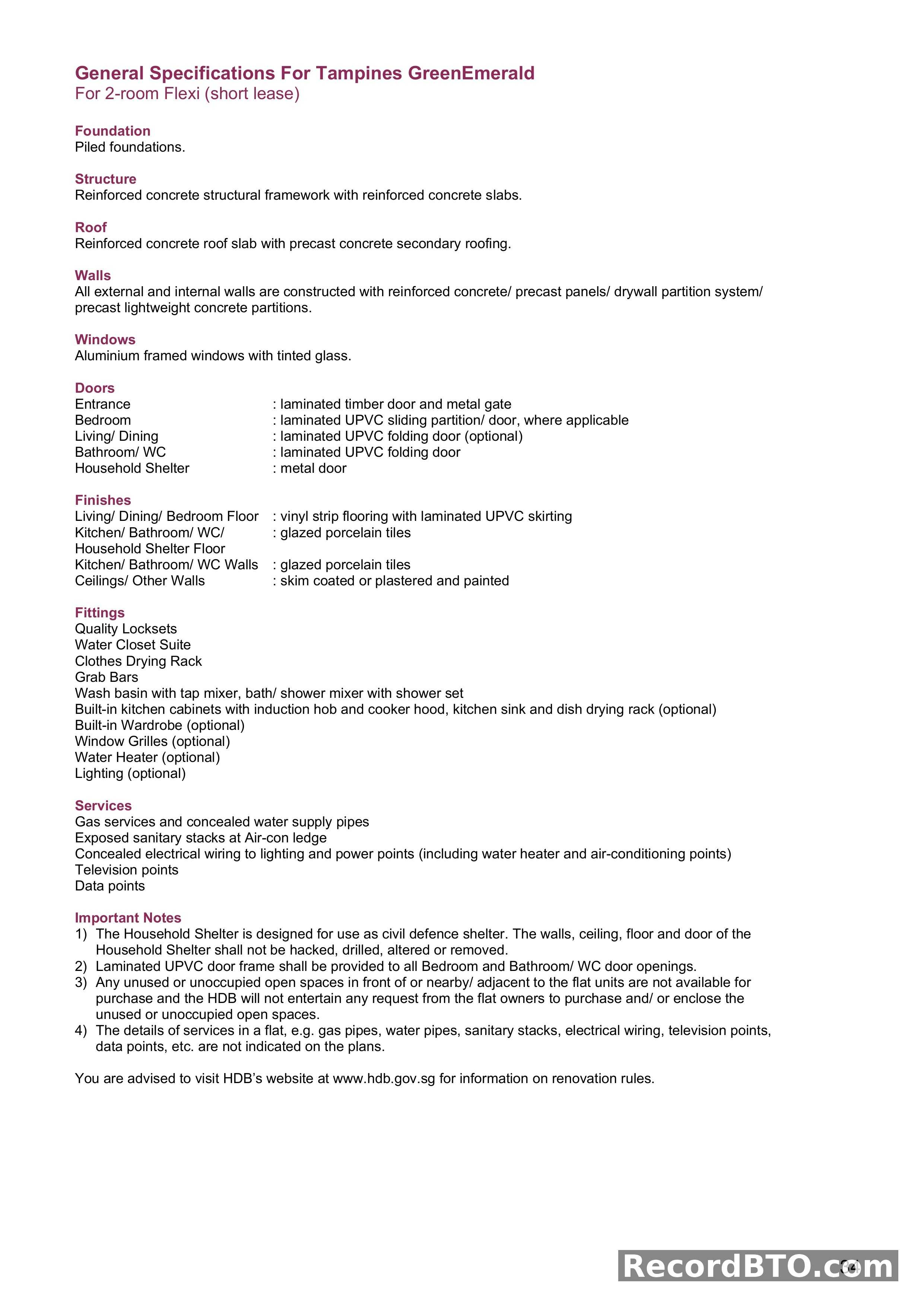 General Specifications for 2-Room Flexi (Short Lease) Units
