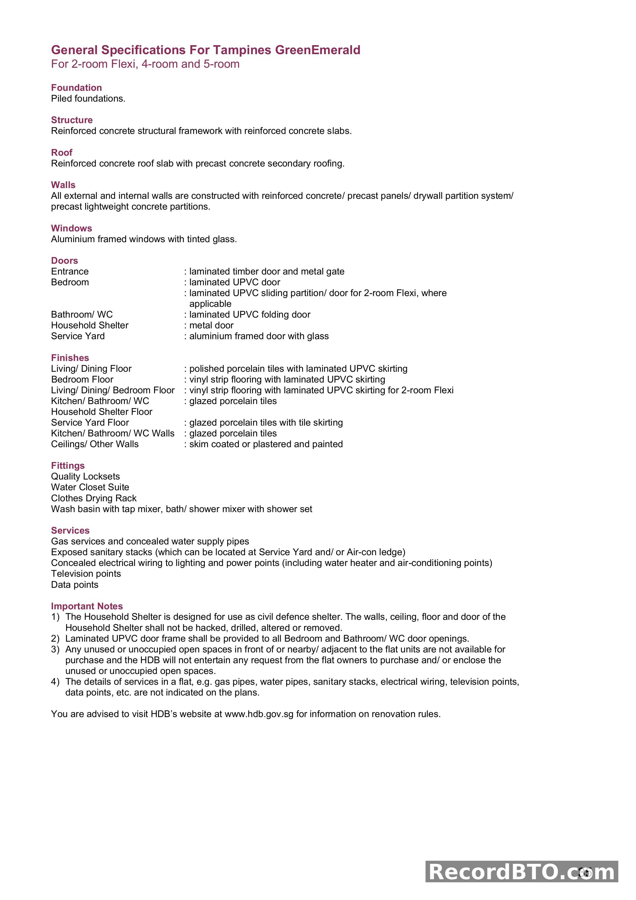 General Specifications for 2-Room Flexi, 4-Room, and 5-Room Flats