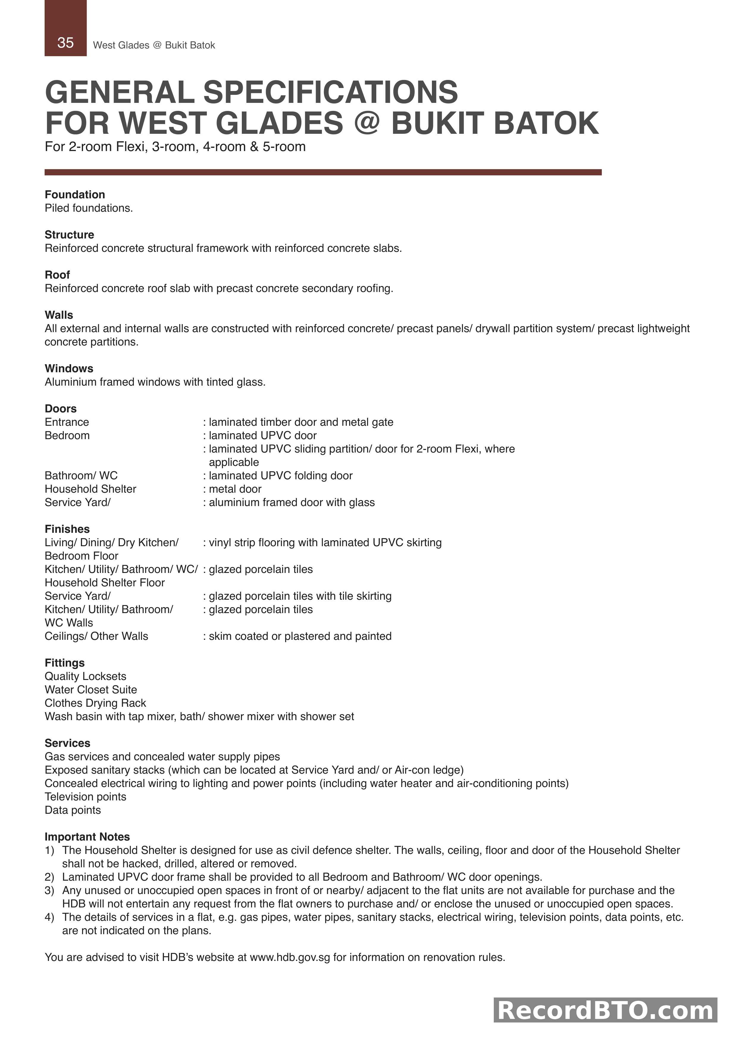 General Specifications for HDB BTO Units (2- to 5-Room)