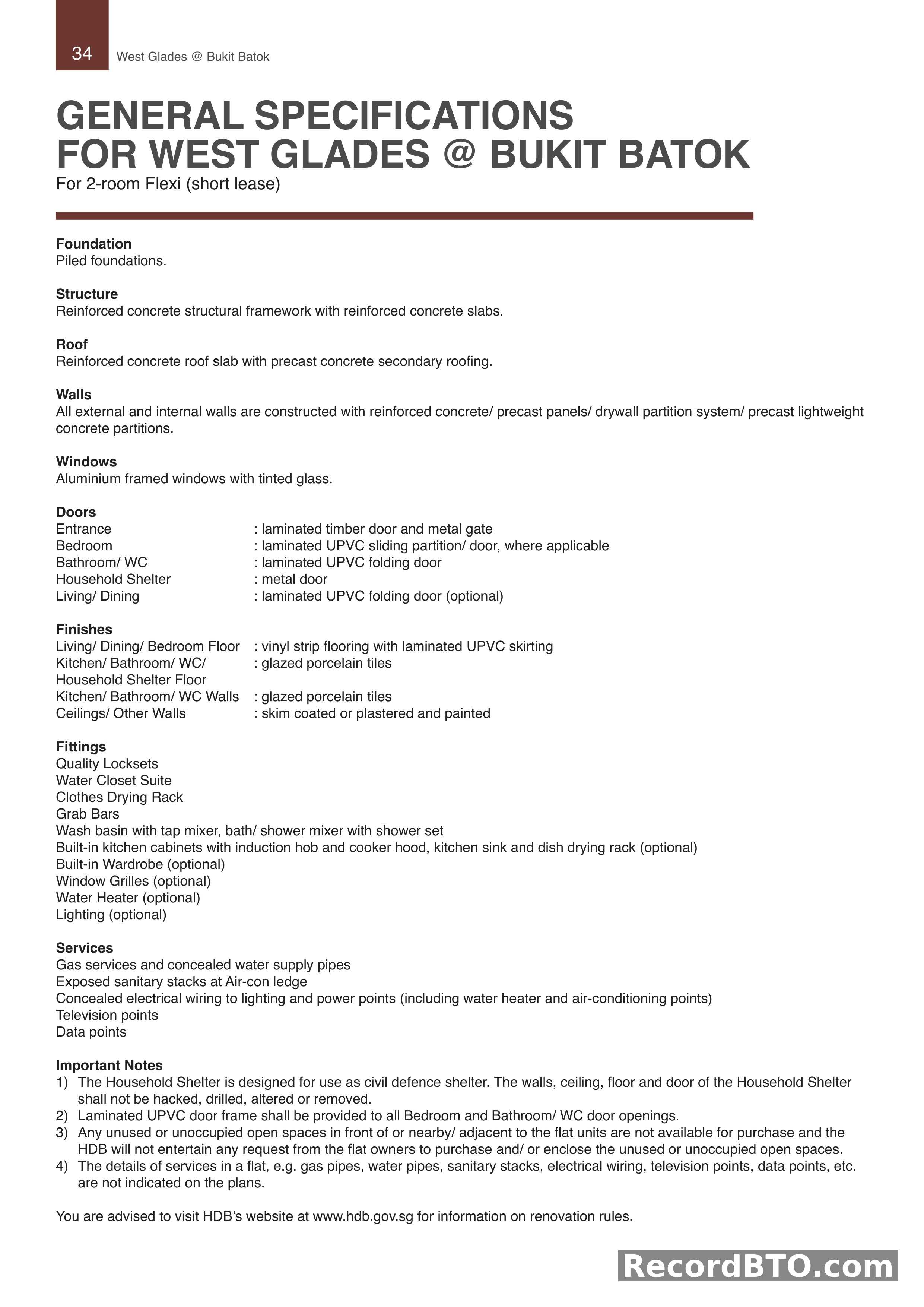 General Specifications for 2-room Flexi (Short Lease)