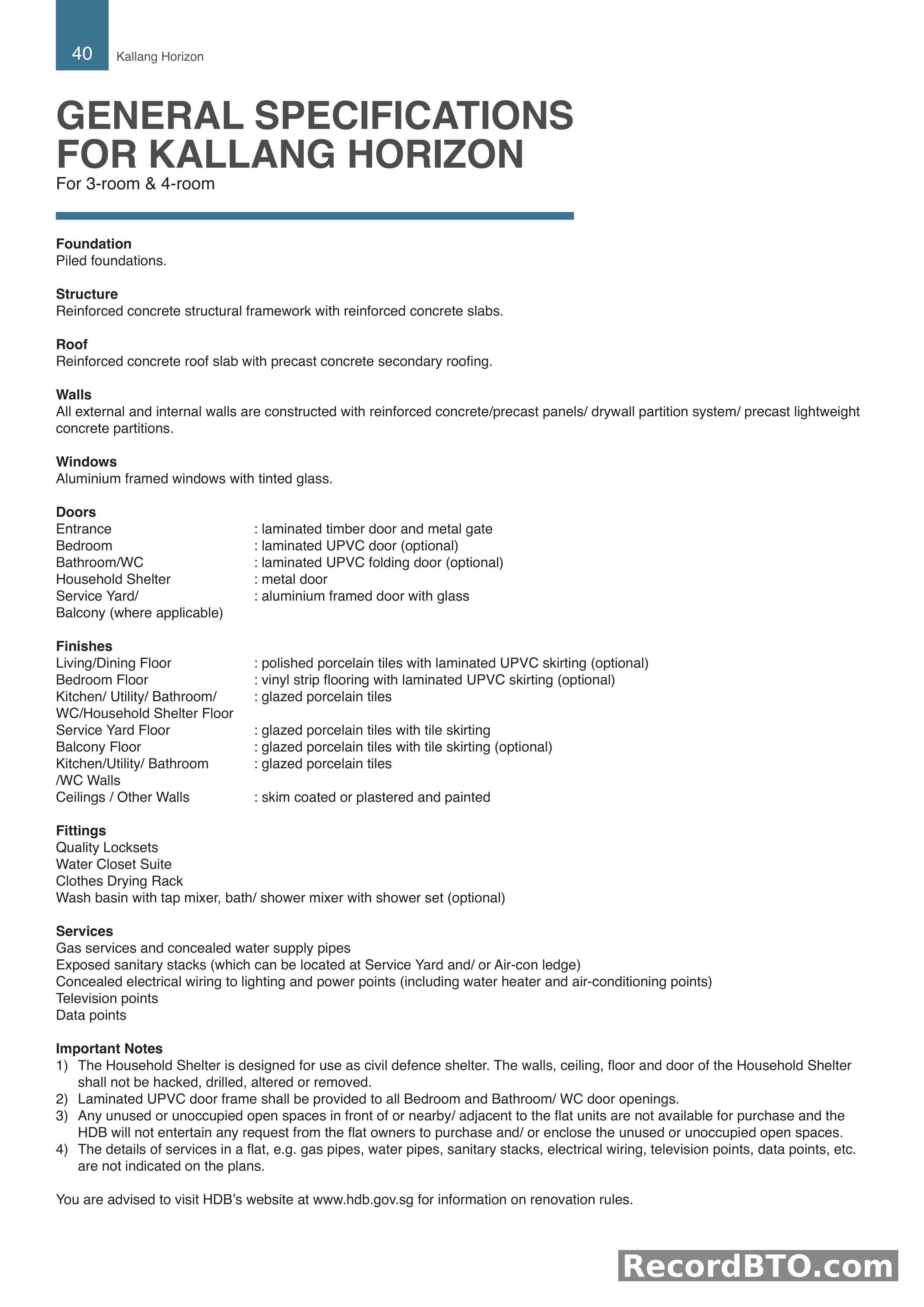 HDB BTO General Specifications: 3-room & 4-room Flats