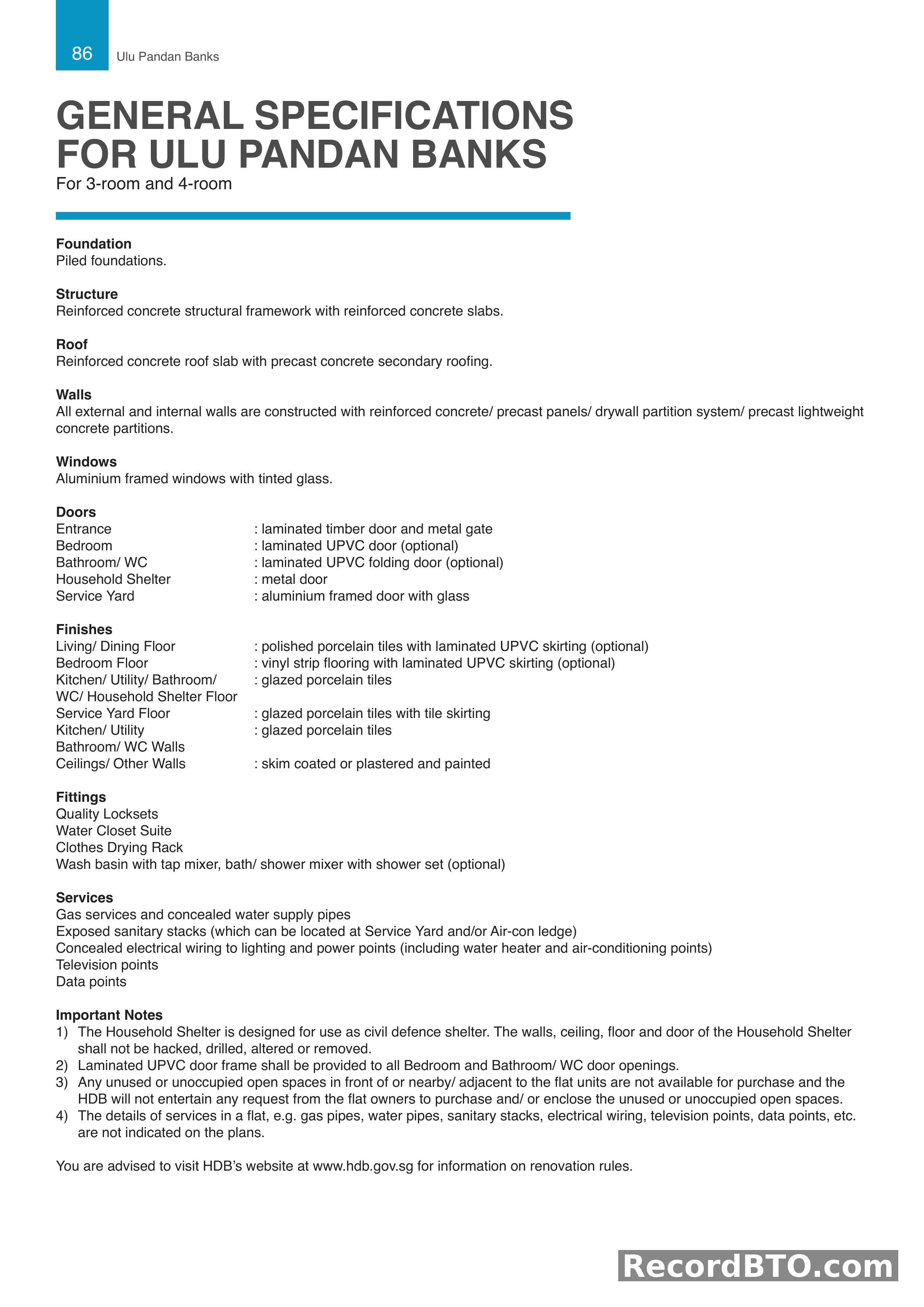 General Specifications for 3-Room and 4-Room Flats