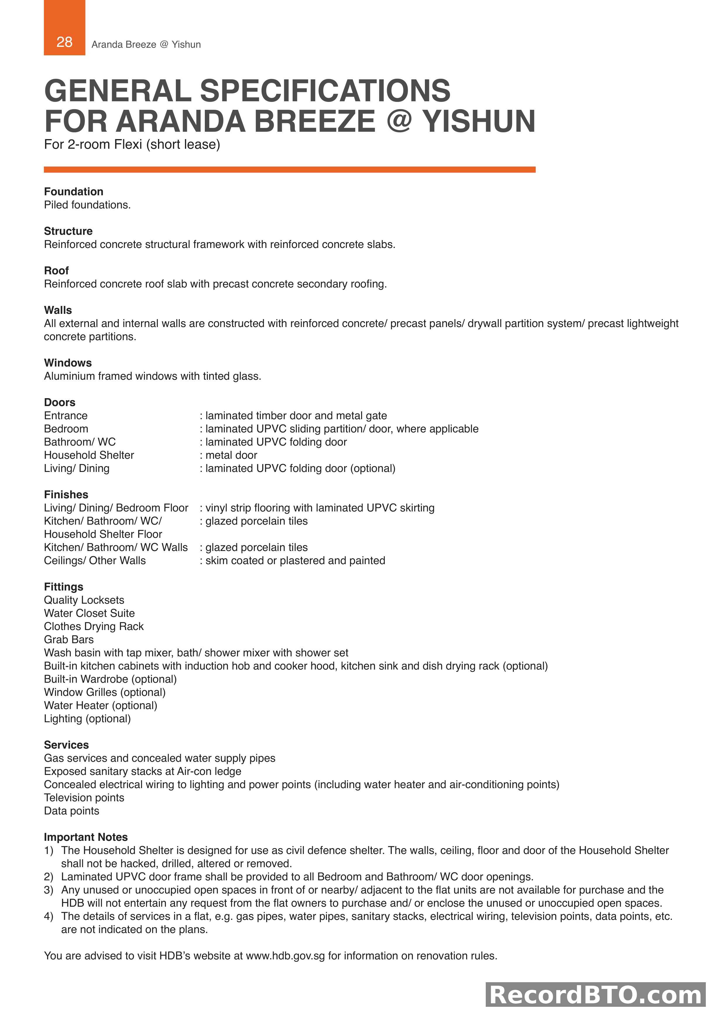 General Specifications for 2-Room Flexi (Short Lease)