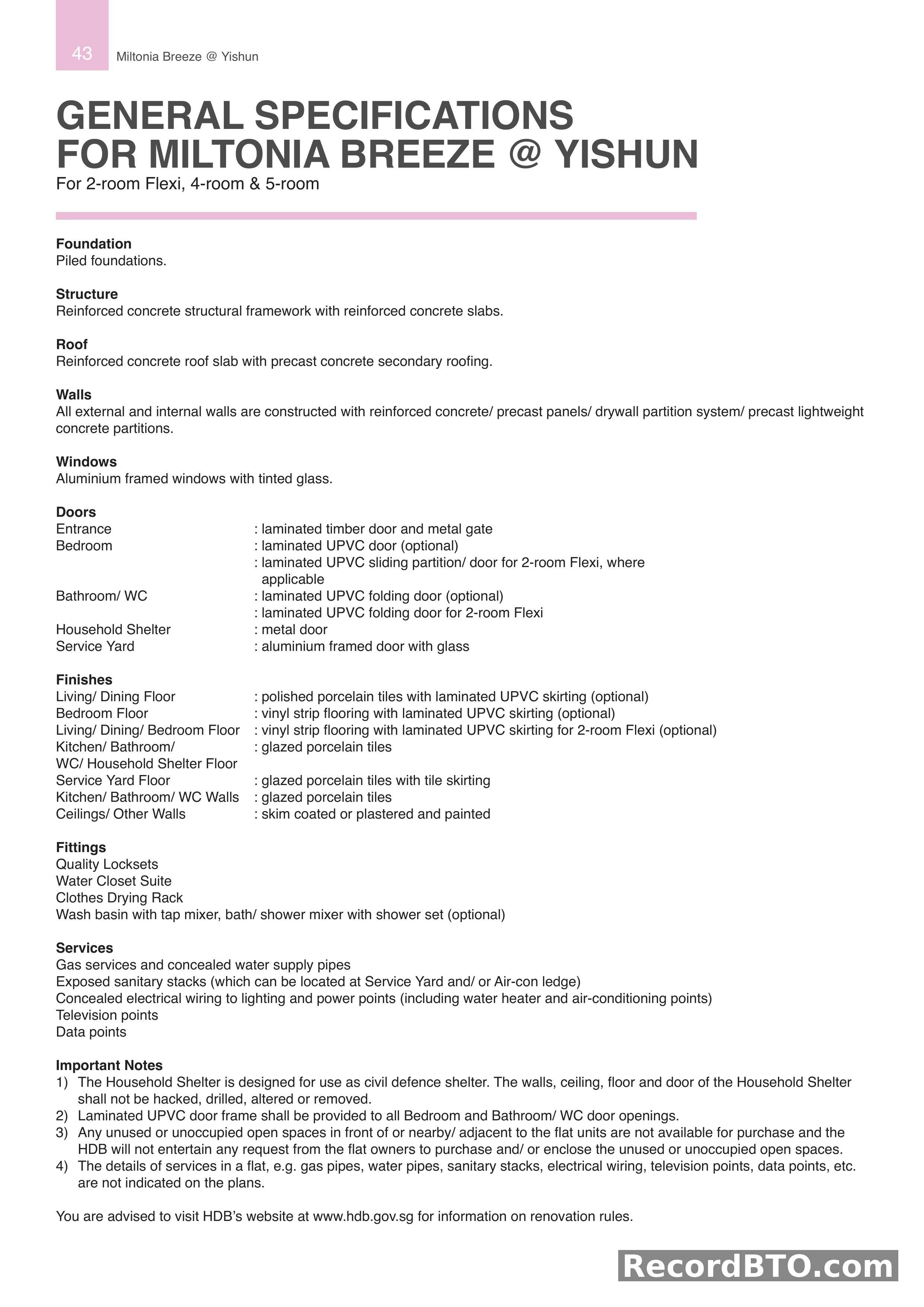 General Specifications for HDB BTO Flats