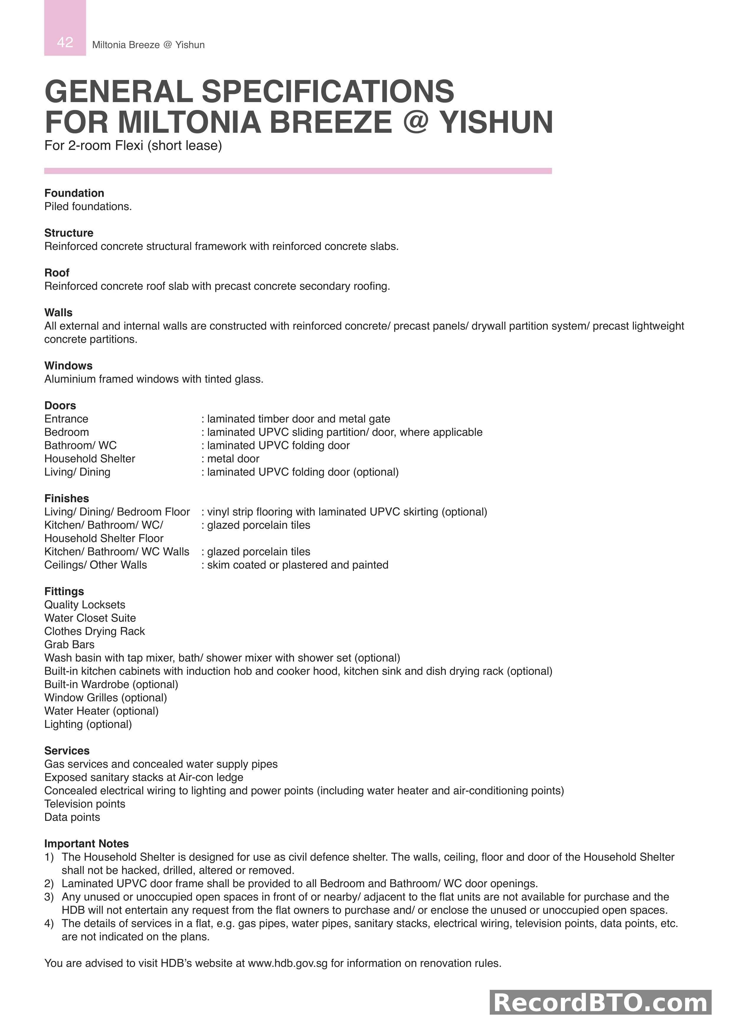 General Specifications for 2-Room Flexi (Short Lease) Flats