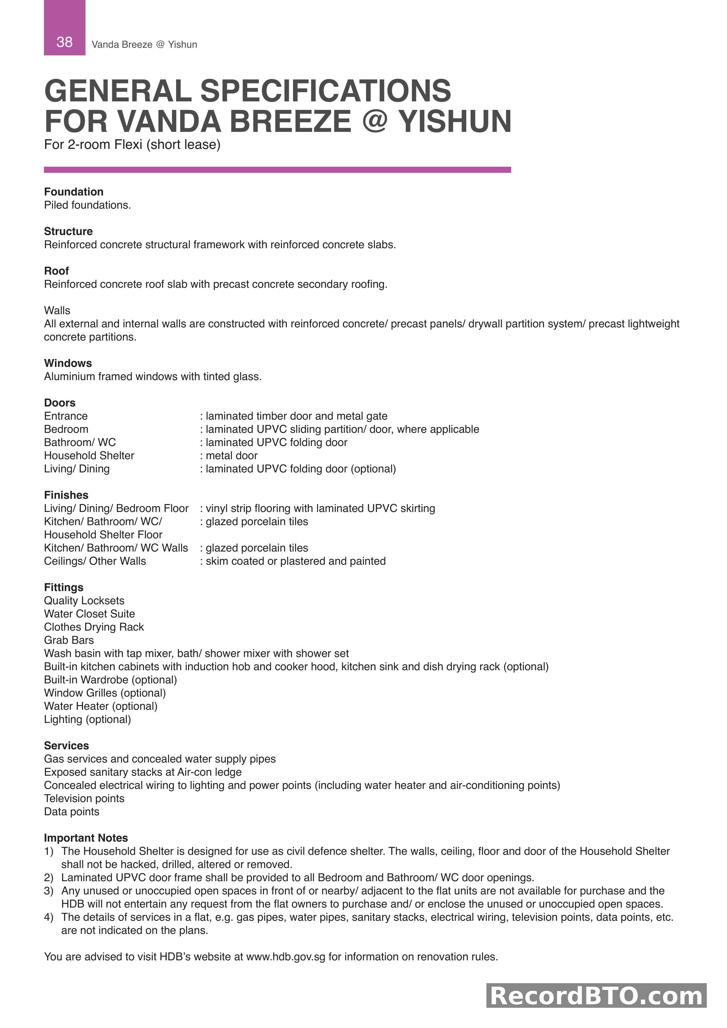 General Specifications for 2-Room Flexi Units