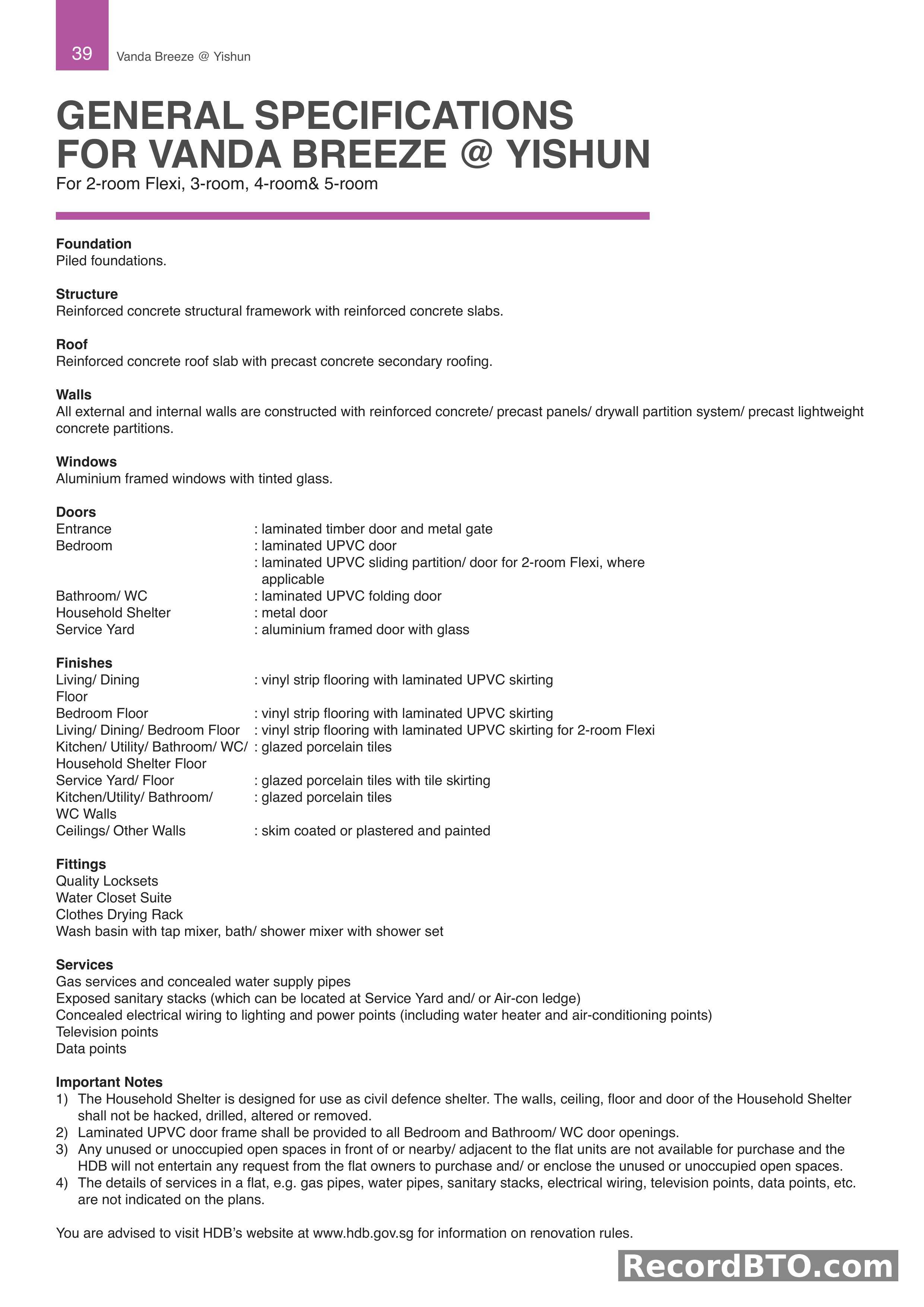 General Building Specifications for HDB Flat Types