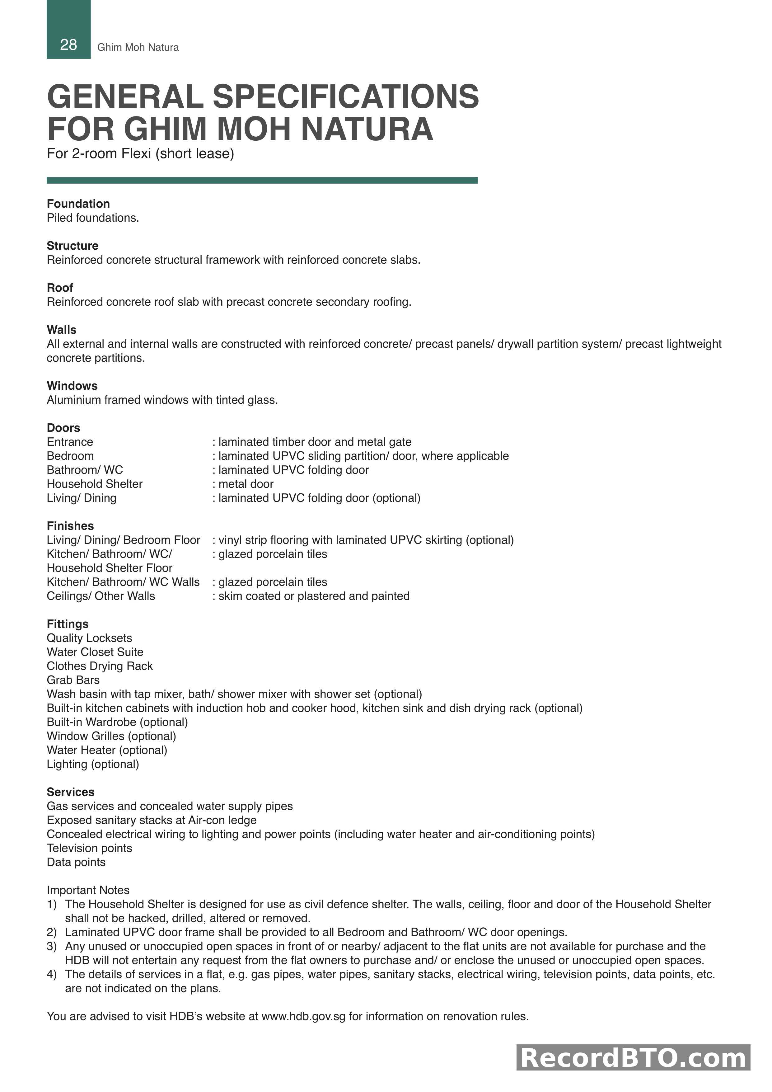 General Specifications for 2-Room Flexi (Short Lease)