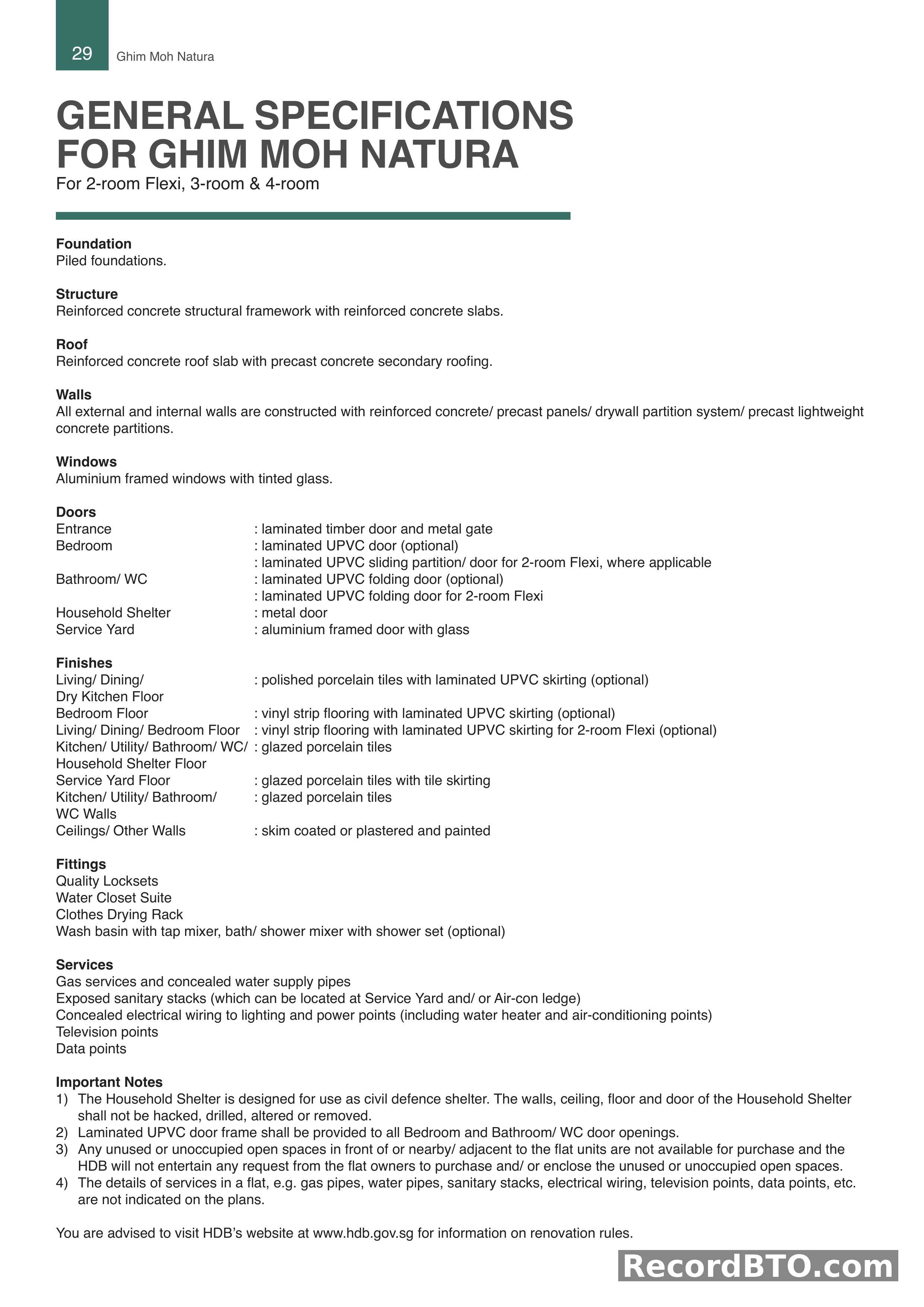 General Specifications for 2-Room Flexi, 3-Room, and 4-Room Flats