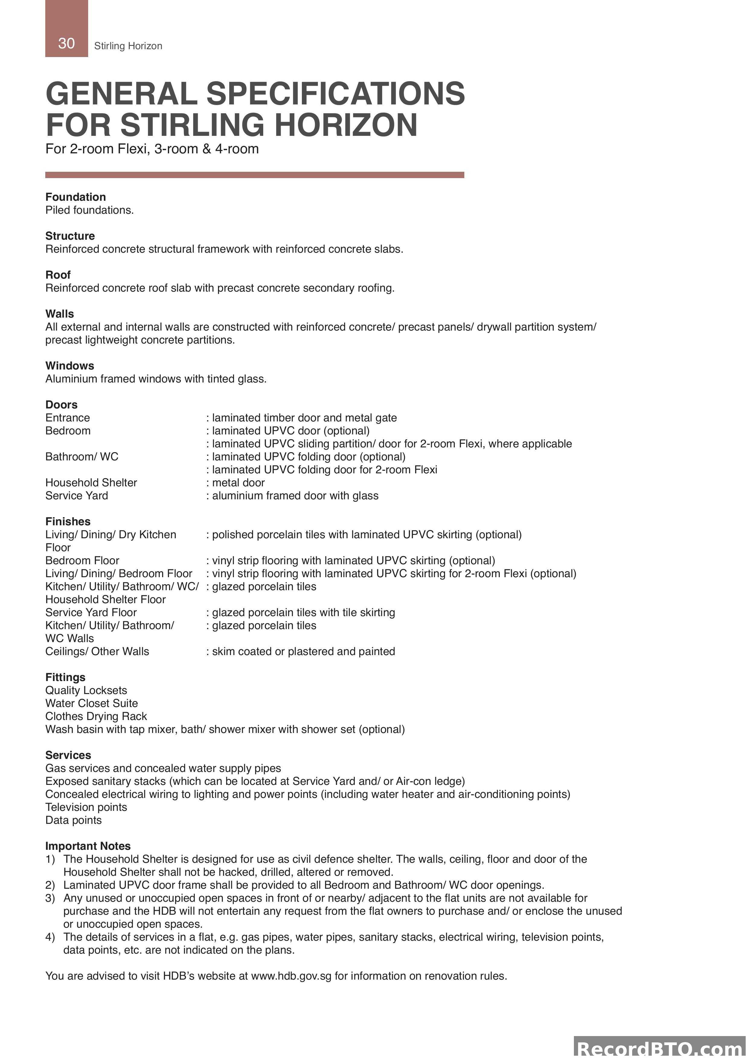 General Specifications for 2-Room Flexi, 3-Room, and 4-Room HDB BTO Flats