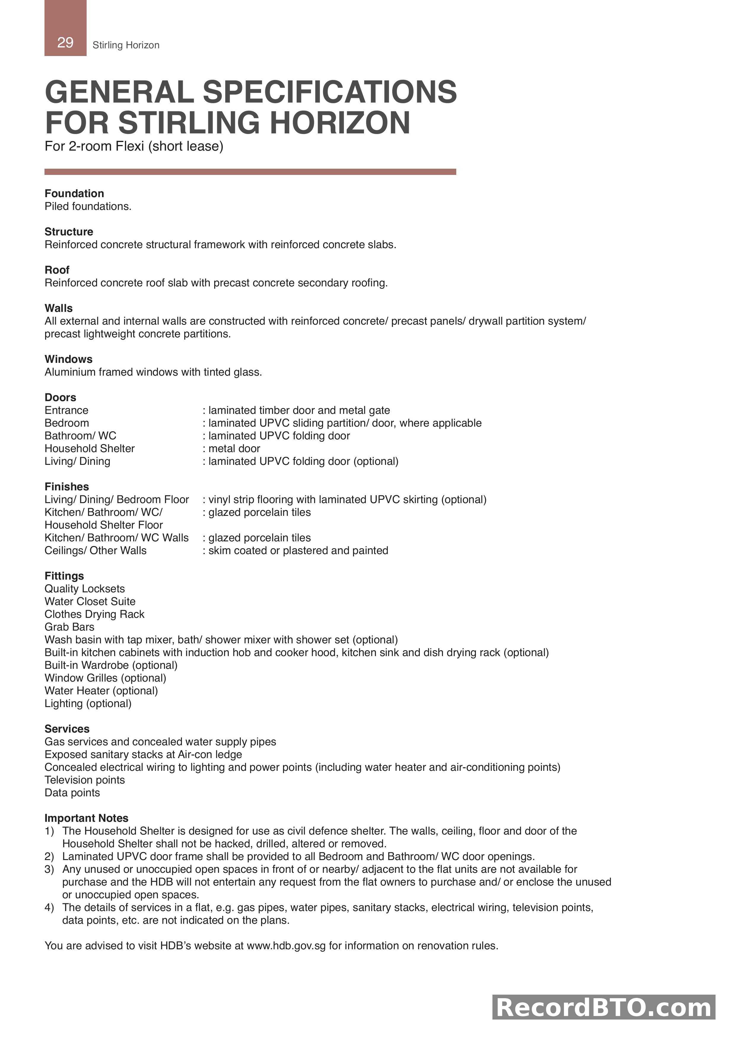 General Specifications for 2-Room Flexi (Short Lease) Units