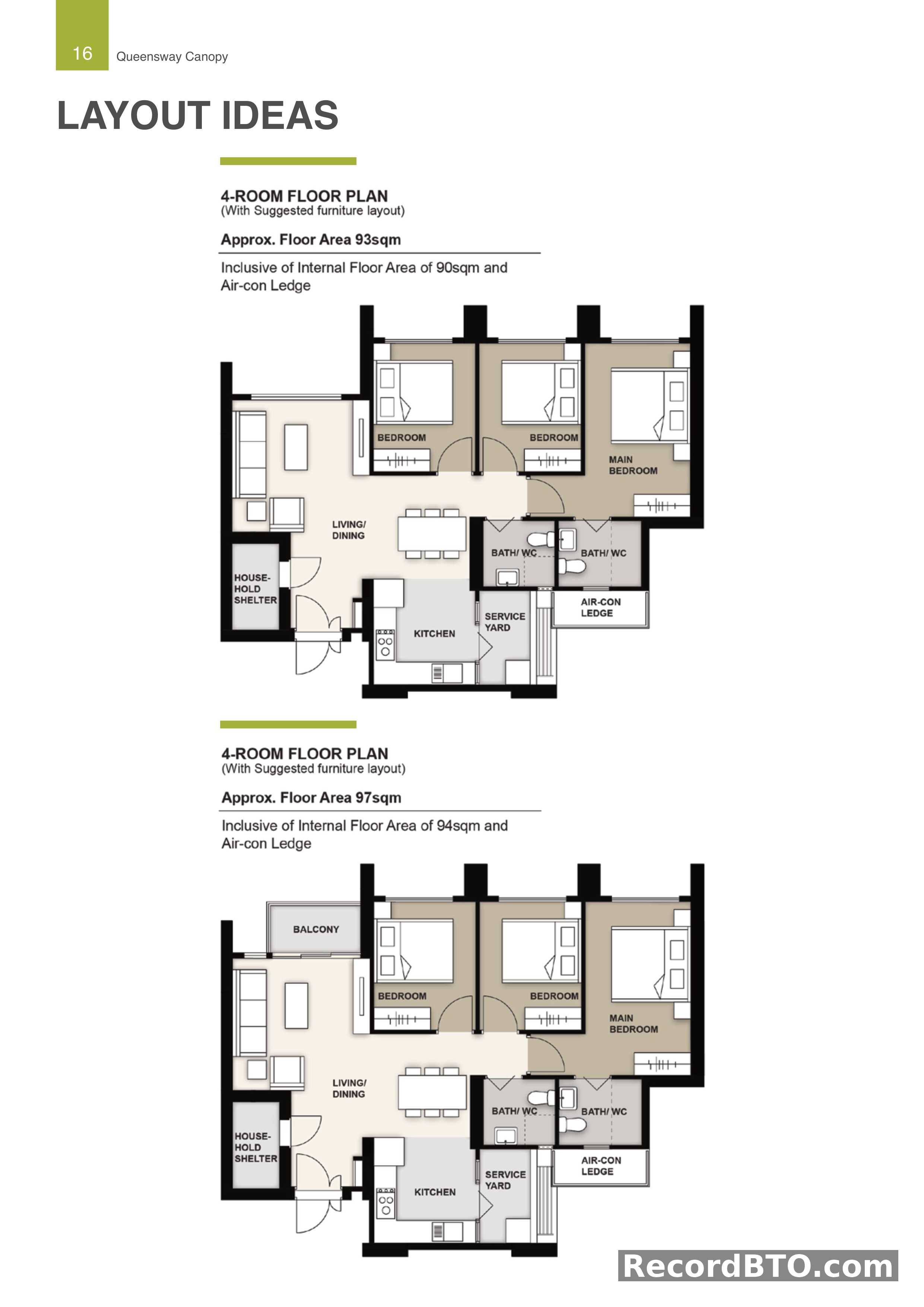 4-Room Flat Layout Ideas: 93sqm and 97sqm Floor Plans